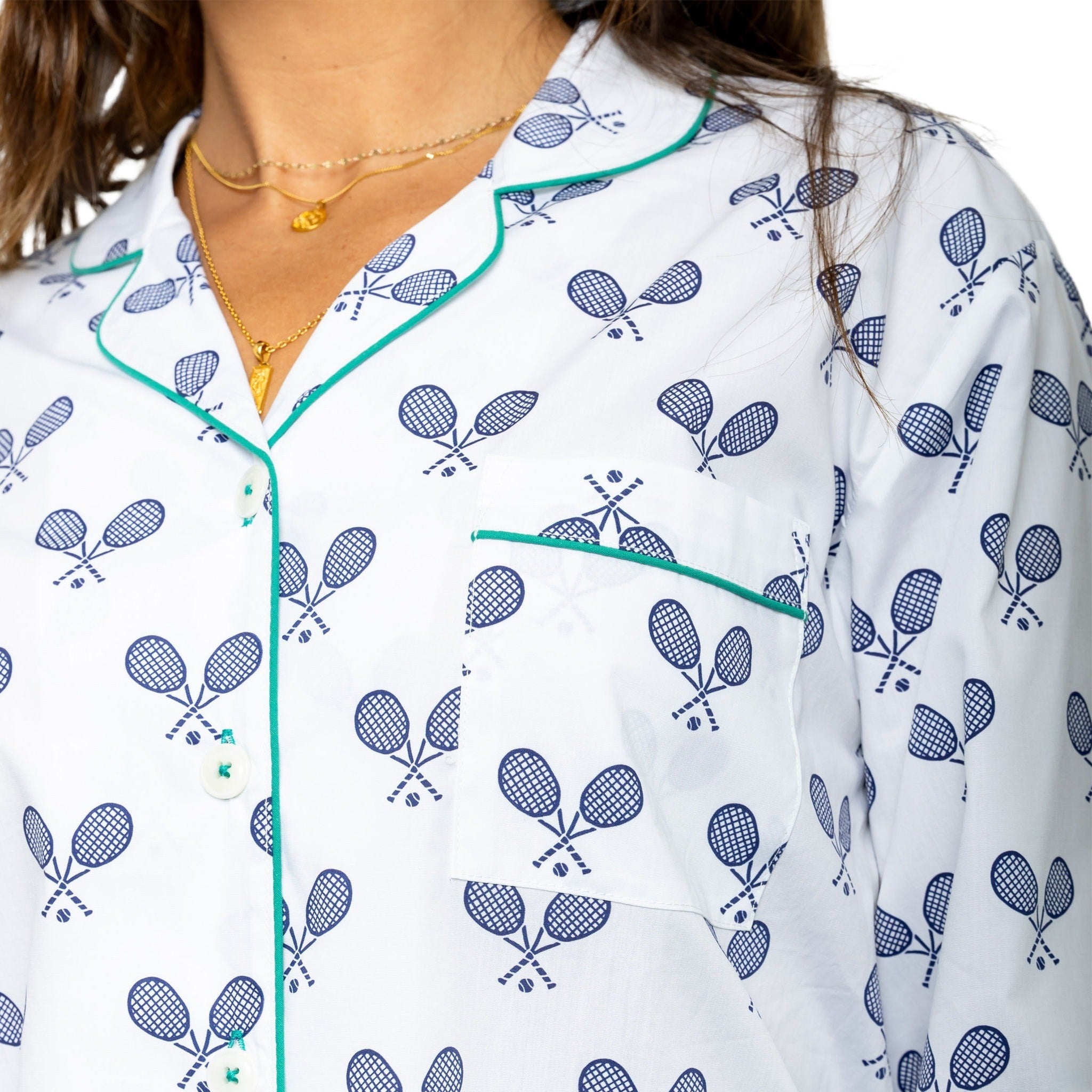 Women's Tennis Navy Long PJ Set - Organic Cotton Poplin