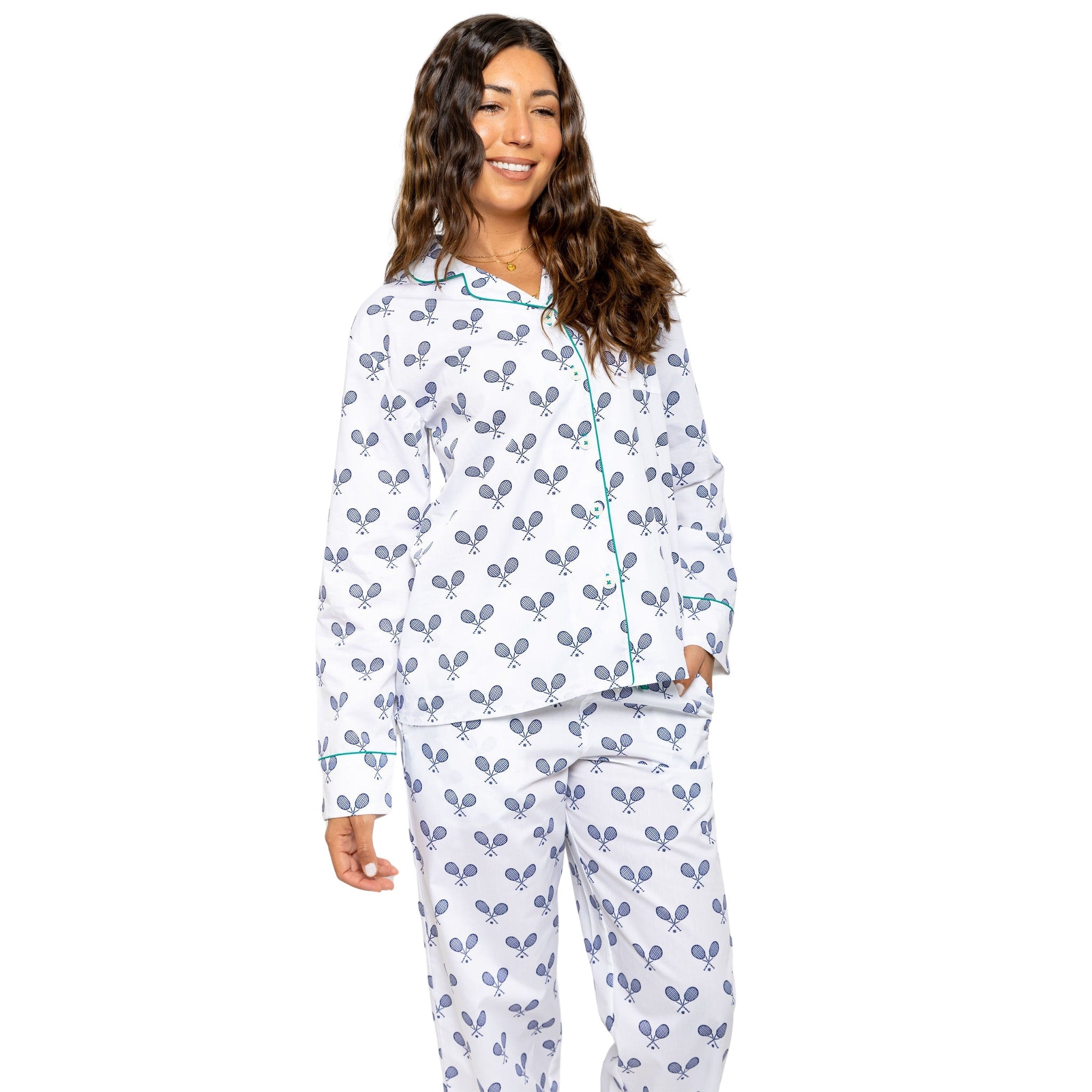 Women's Tennis Navy Long PJ Set - Organic Cotton Poplin