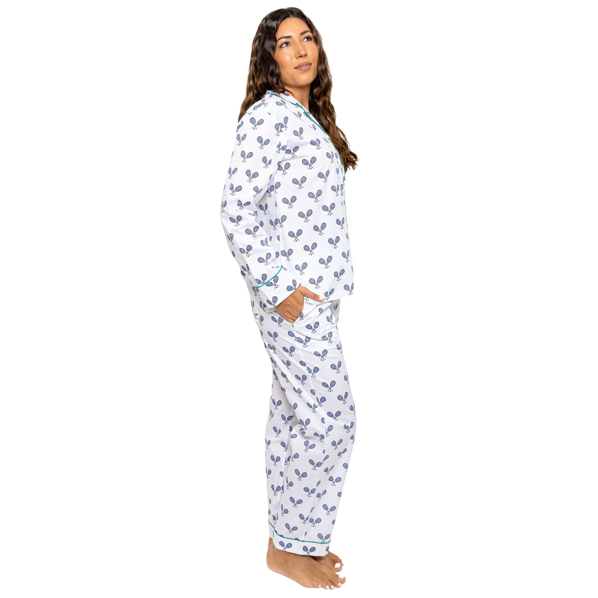 Women's Tennis Navy Long PJ Set - Organic Cotton Poplin